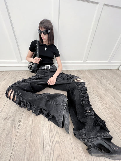ANNAKIKI  Designer Women's Niche Black Ripped Distressed Jeans Wide-leg Pants-SPIKE