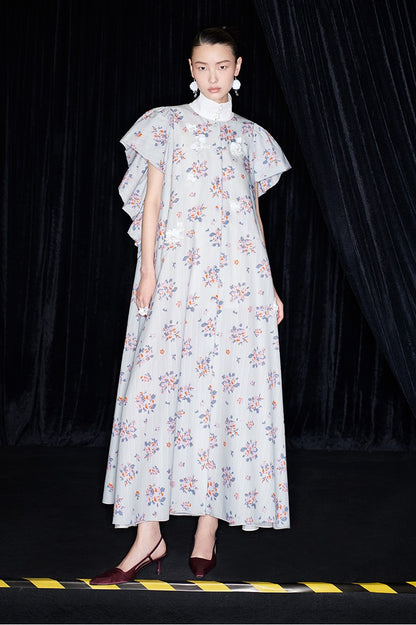 M essential Mackay designer Jinghe Printing floral nail bead puff sleeve dress - HAPPY.