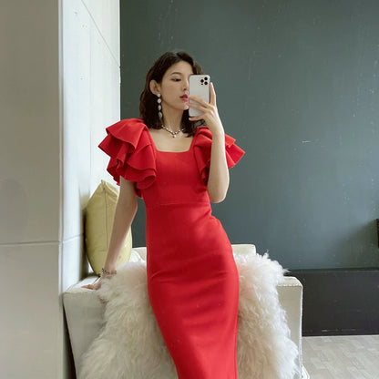 DOLLY Elegant Square Collar Ruffle Short Sleeves Slim Fit Midi Office Dress-HELEN