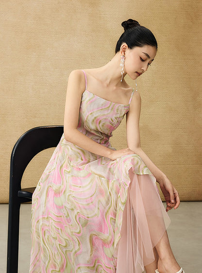HECO Chinese Style Silk Chiffon Slip Summer Water Ripple Print Long Skirt - PEKKER.