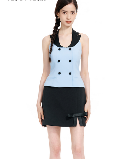 YES BY YESIR | Ye Qians Deconstructed U-Neck Navy Vest with Silhouette - MARILISE.