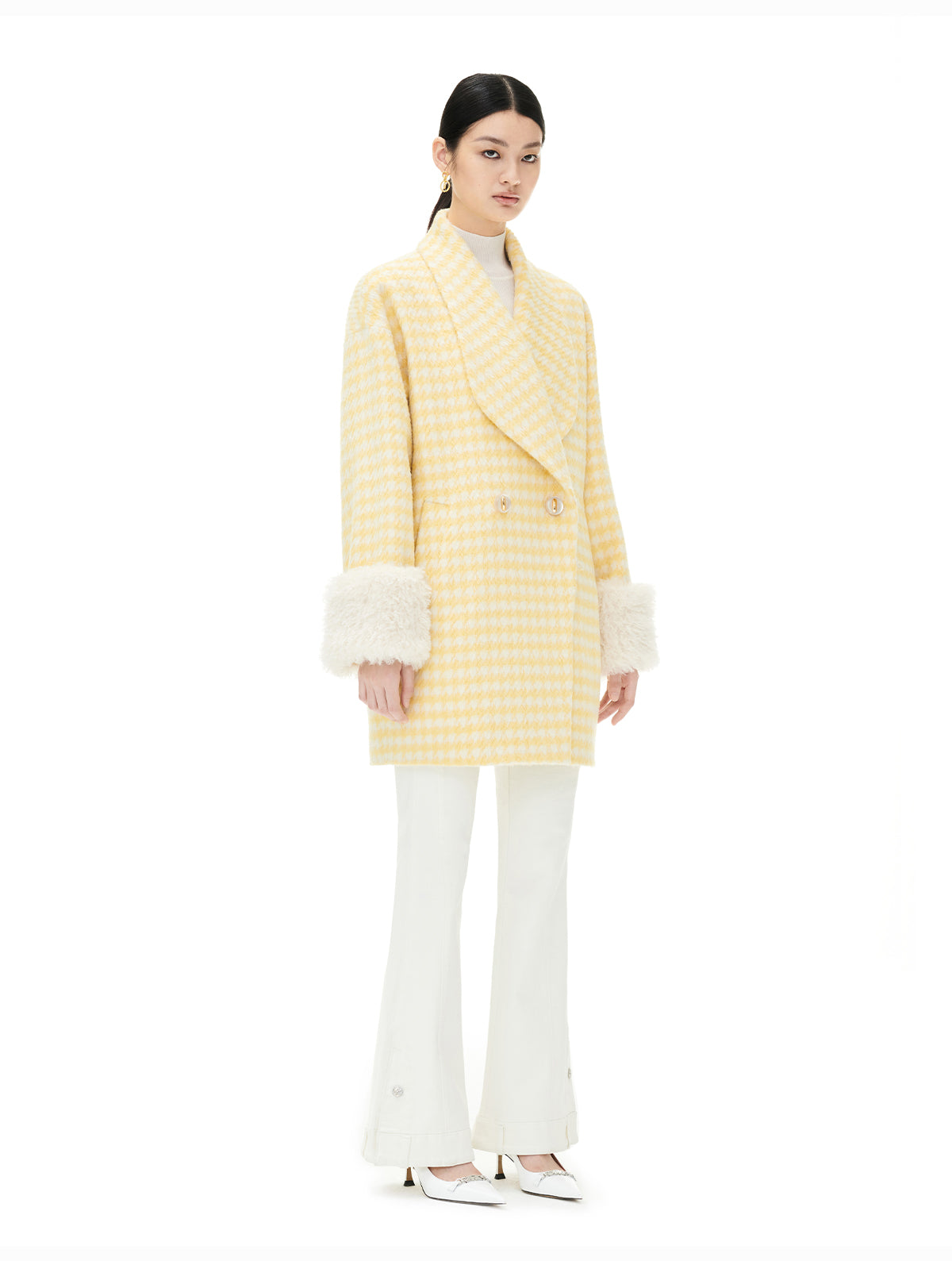 YES BY YESIR autumn winter loose stylish tulip yellow houndstooth coat  - Kibban