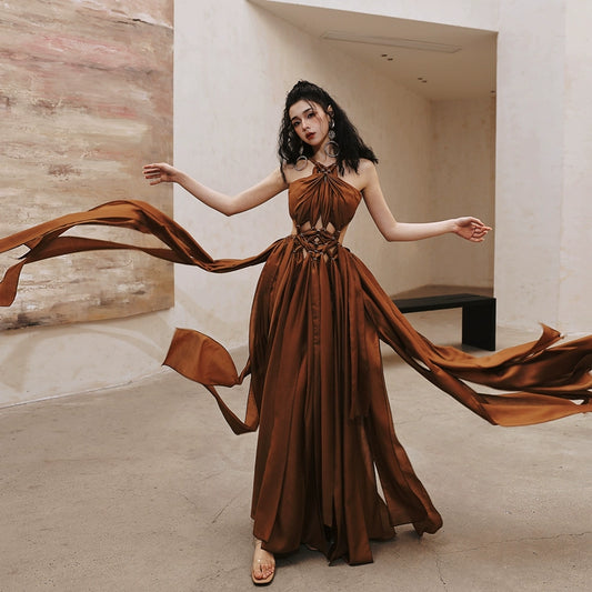 DOLLY Elegant Brown Halter Neck Loose High Waist Pleated Resort Dress-VERA (V)