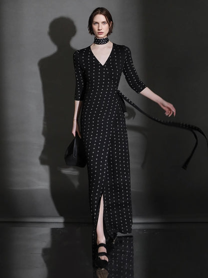 PIAOIN French Hepburn style slim lace-up design goddess long dress-T-AURORA.
