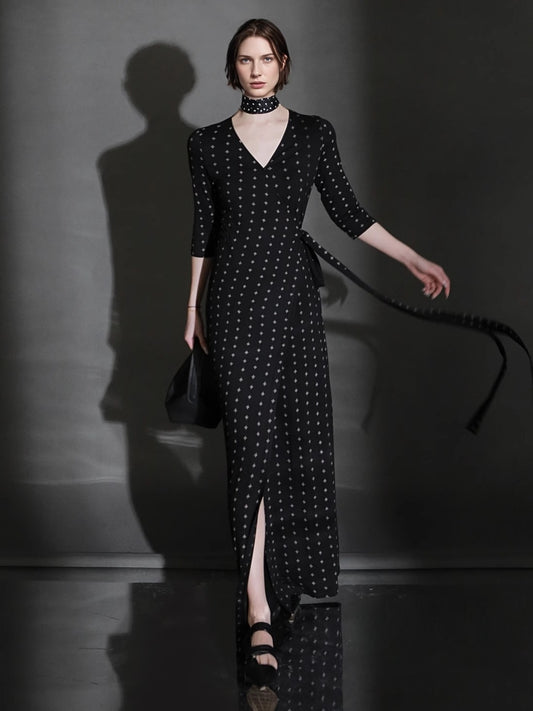 PIAOIN French Hepburn style slim lace-up design goddess long dress-T-AURORA.