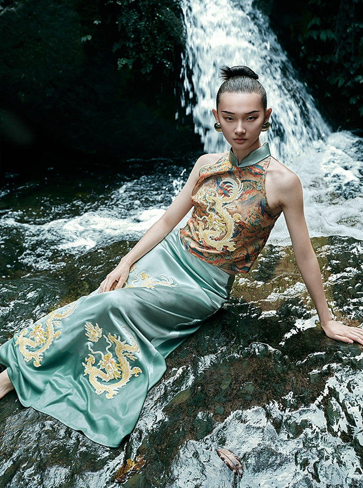 HECO Chinese Retro Mural Golden Dragon Embroidered Vest Top - ERIKA.