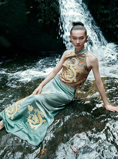 HECO Chinese Retro Mural Golden Dragon Embroidered Vest Top - ERIKA.