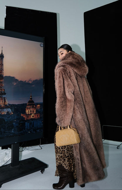 MEI SANGUAN Hooded Coffee Color Fur Jacket - JUSTIN