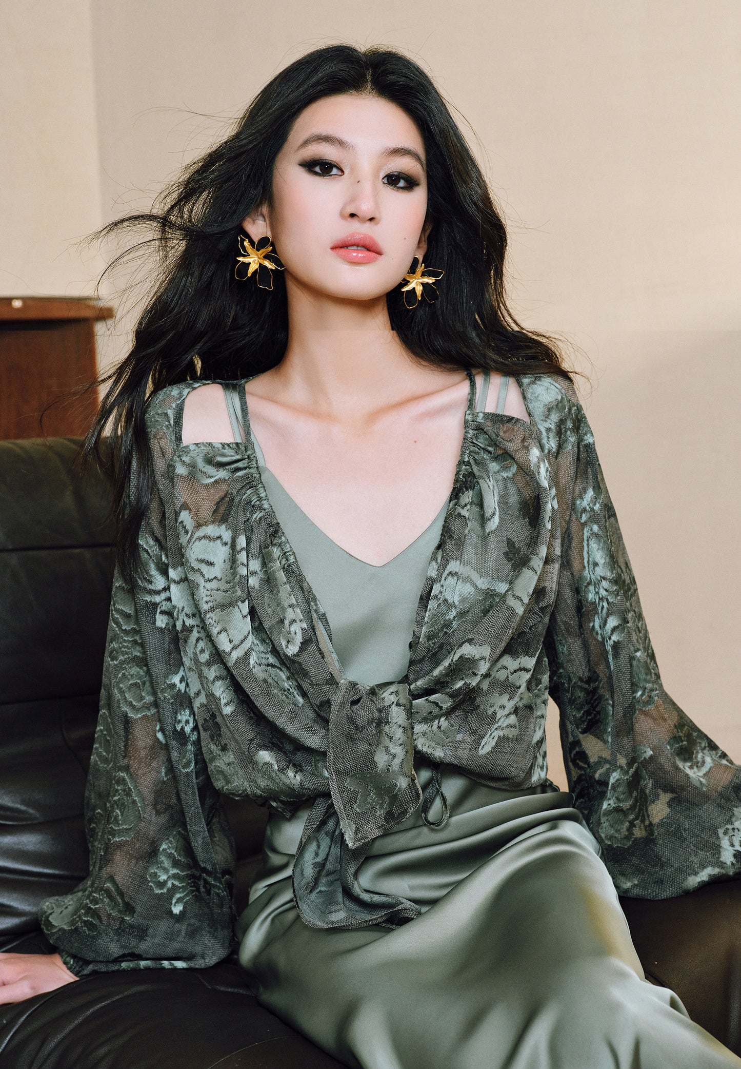 WANGXO Devoré Lace Light and Shadow Heavy Industry Bias French Cardigan & Satin Sundress Set - ESMEE
