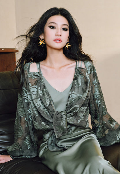 WANGXO Devoré Lace Light and Shadow Heavy Industry Bias French Cardigan & Satin Sundress Set - ESMEE