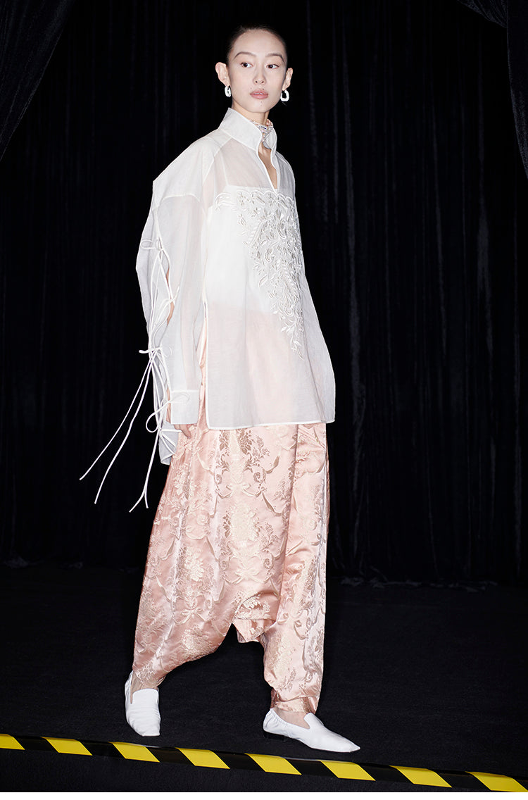 M essential Mackay designer soft-paper pale overshirt with pavement embroidery - serious.