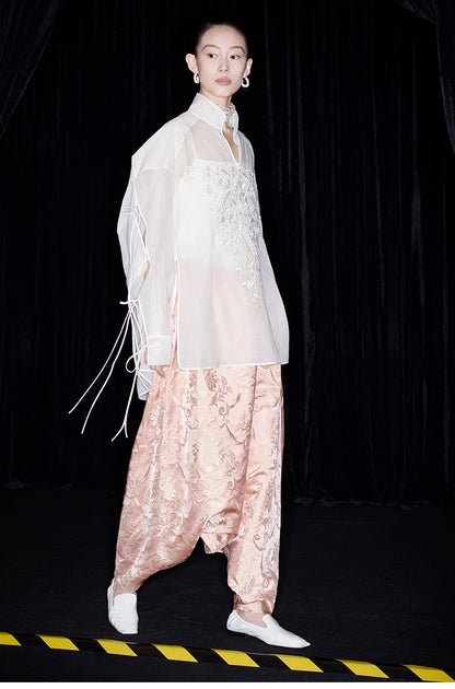 M essential Mackay designer soft-paper pale overshirt with pavement embroidery - serious.