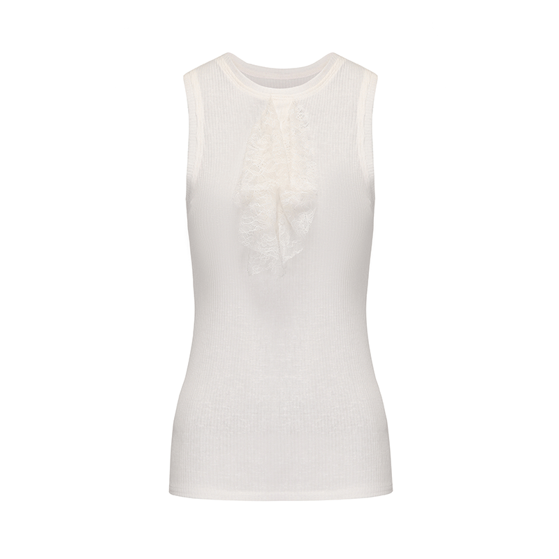 ATELIER MISS LU lace-embellished lightweight knitted short-sleeved vest - GLACIOUS.