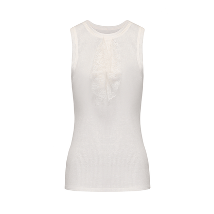 ATELIER MISS LU lace-embellished lightweight knitted short-sleeved vest - GLACIOUS.