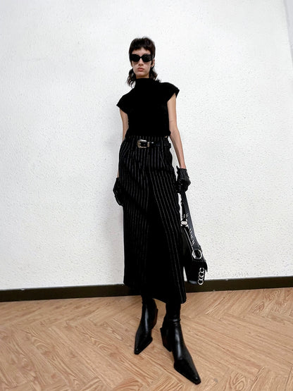 ANNAKIKI Black and White Striped Vintage Belt Trim Striped Skirt-RAVY