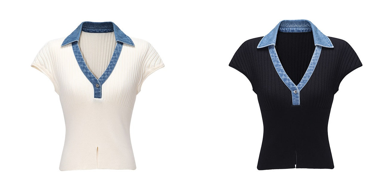 WANGXO | Soft Glutinous Knit & Contrasting High-Quality Denim V-Neck Slim Top -NIVA