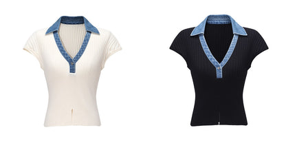 WANGXO | Soft Glutinous Knit & Contrasting High-Quality Denim V-Neck Slim Top -NIVA