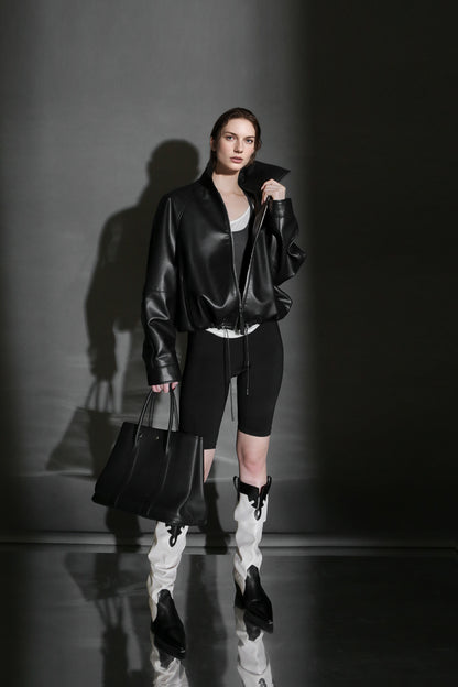 PIAOIN Small lapels short motorcycle leather jacket hem trimmed spring-DAX.