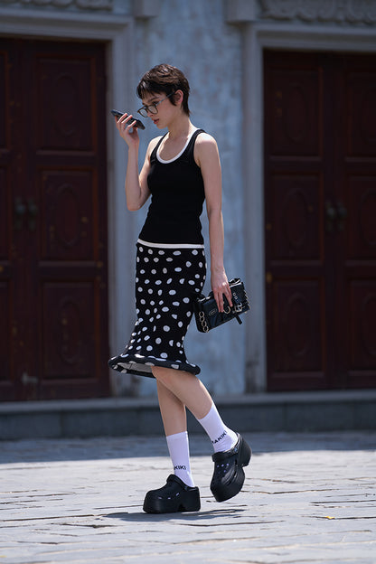 ANNAKIKI women's clothing black shaped polka dot skirt knitted hip skirt-SUZY