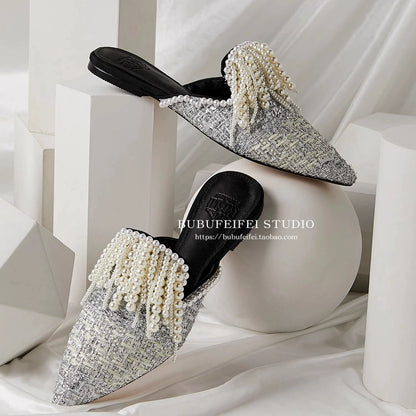 B-FEI Woven Fabric Tassel Pointed Toe Mules-JACK.