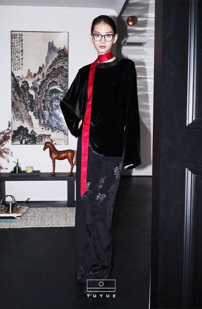 TUYUE Chinese Style Black Slim Satin Woven H-Shaped Skirt- XENA.