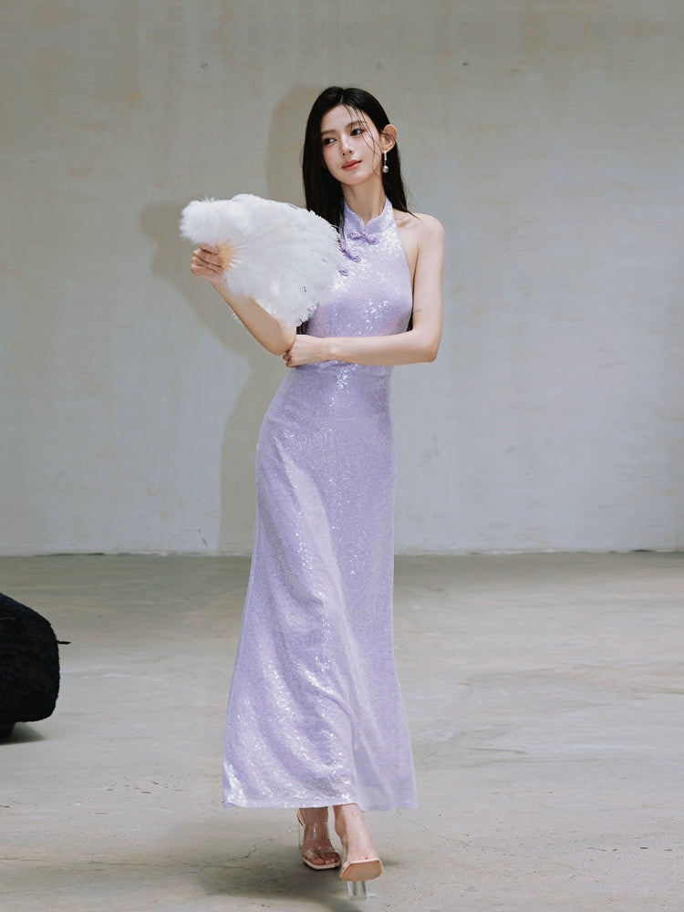 Purple Asian Wedding Party Dresses Dolly Purple Chinese Style Hater Neck Button Sequin Long Wedding Guest Purple Asian Wedding Party Dresses Dolly Purple Chinese Style Hater Neck Button Sequin Long Wedding Guest
