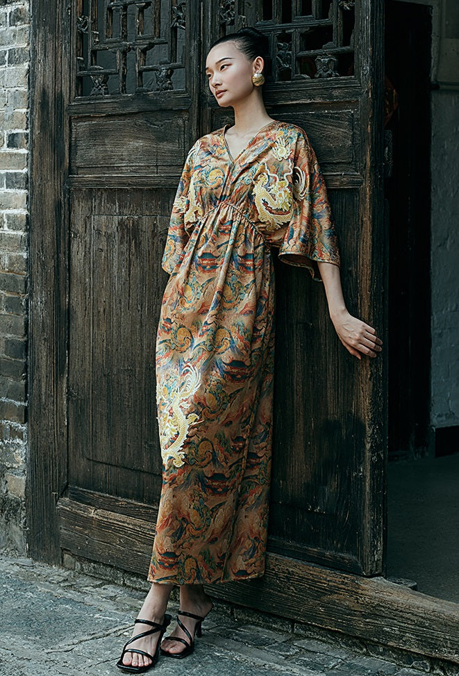 HECO Chinese Waist Cinched V-Neck Dress - QIN