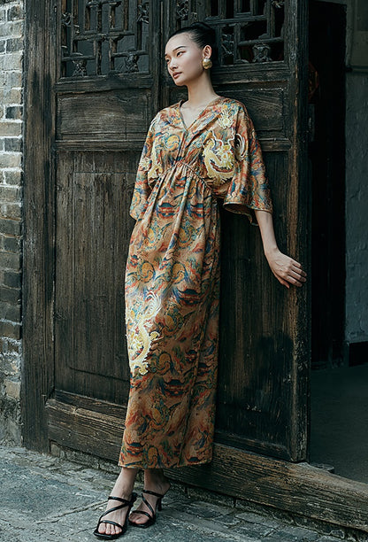 HECO Chinese Waist Cinched V-Neck Dress - QIN