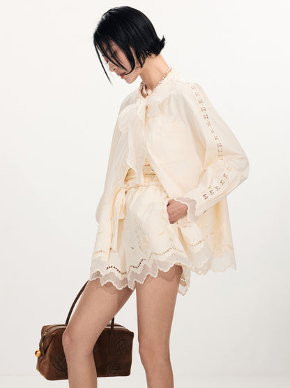 FAME Embroidery Hollow Design Long-Sleeved Casual Shirt