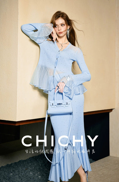 CHICHY V-neck thin hot diamond knitted blue slim mermaid-KIBA