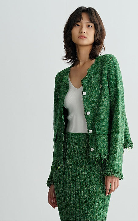 COMME MOI Lv Yan designer spring hollow small fragrance knitted cardigan jacket - IRIS.