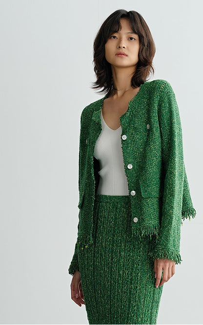 COMME MOI Lv Yan designer spring hollow small fragrance knitted cardigan jacket - IRIS.