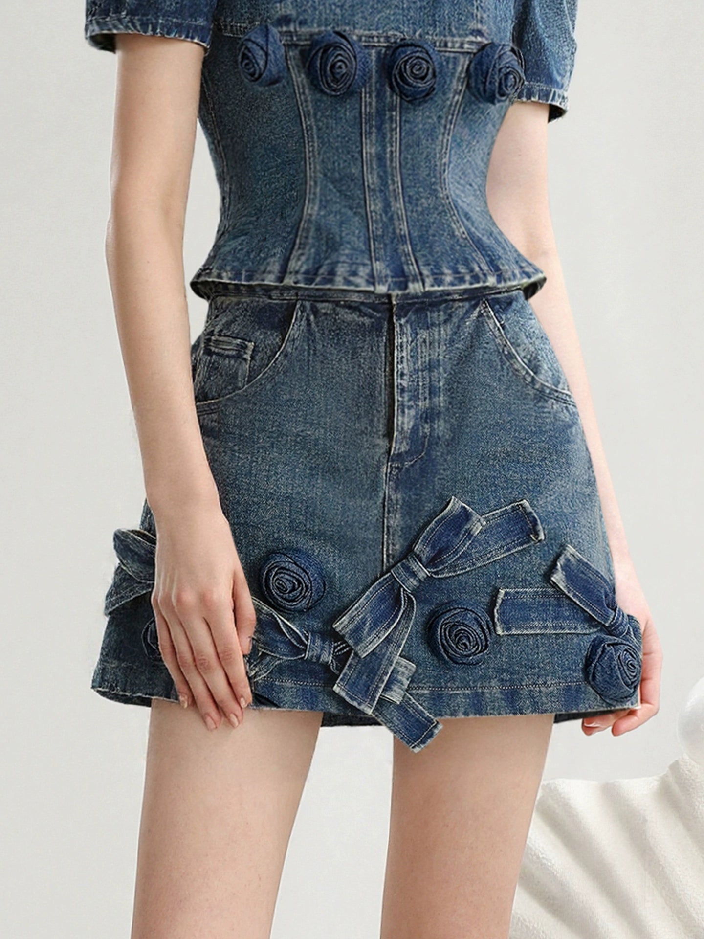 CHECOCRE Stubble sweet suit hakam three-dimensional rose retro fashionable denim skirt - VAIN.