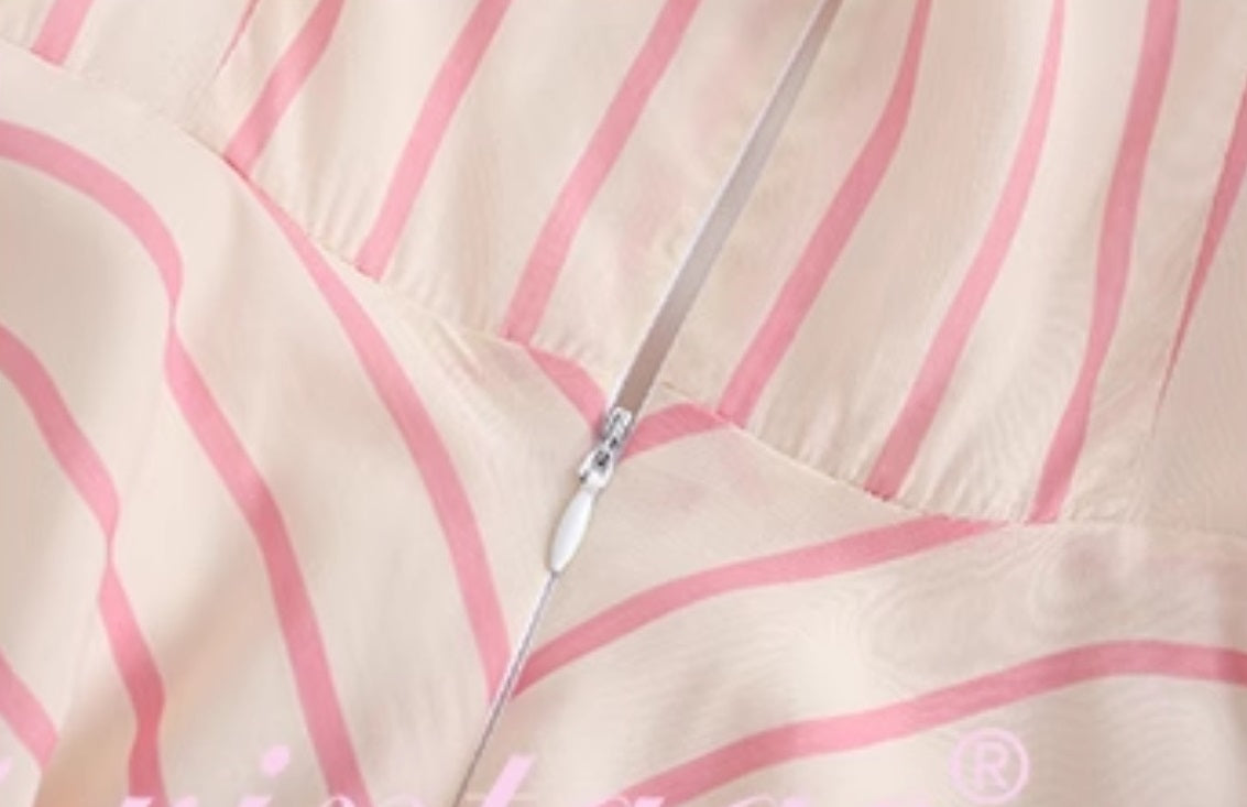 Le Palais Vintage Elegant  pink and white striped heavy work Maxi skirt draped dress-UNIQUE