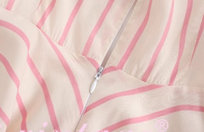 Le Palais Vintage Elegant  pink and white striped heavy work Maxi skirt draped dress-UNIQUE