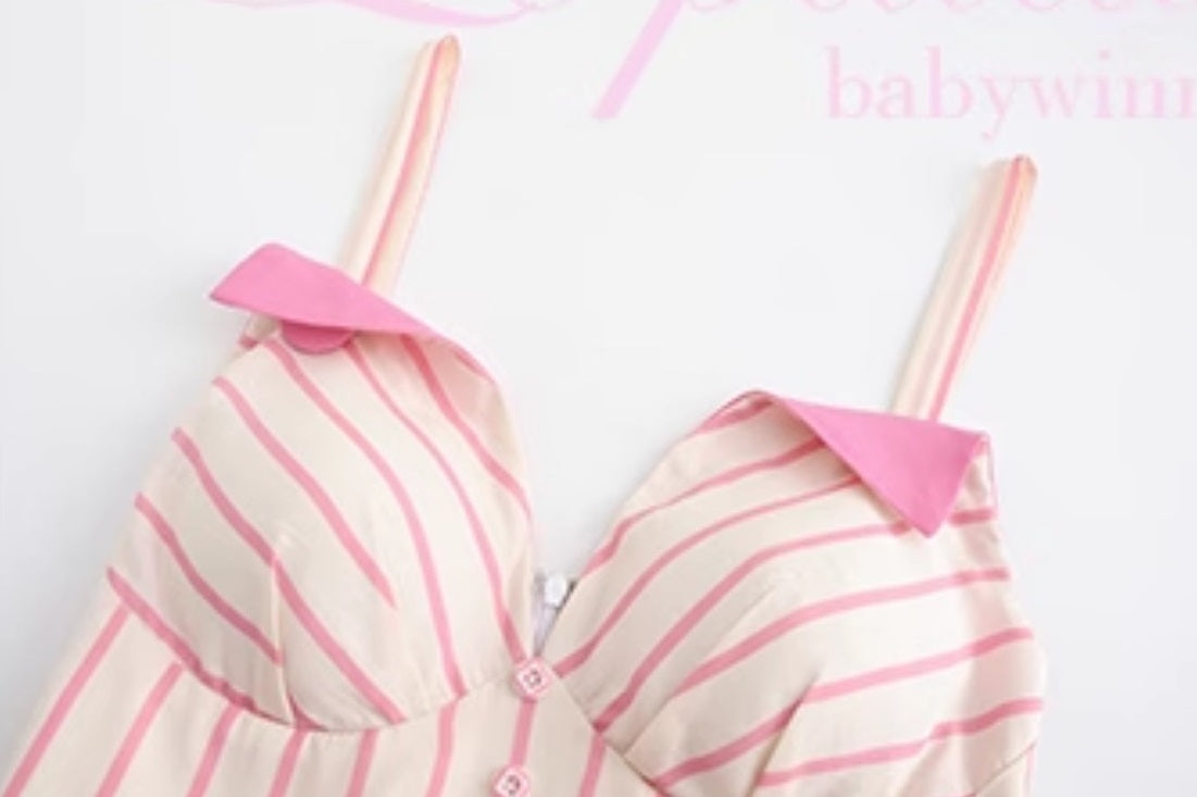 Le Palais Vintage Elegant  pink and white striped heavy work Maxi skirt draped dress-UNIQUE