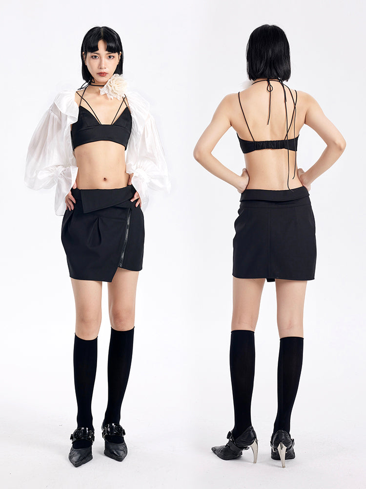 TINY IN high-waisted mini asymmetric black skirt -YOMI