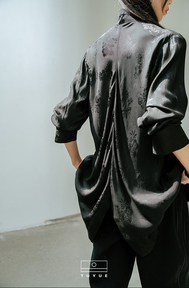TUYUE Chinese style black light dress satin jacquard long-sleeved shirt- MIKE.