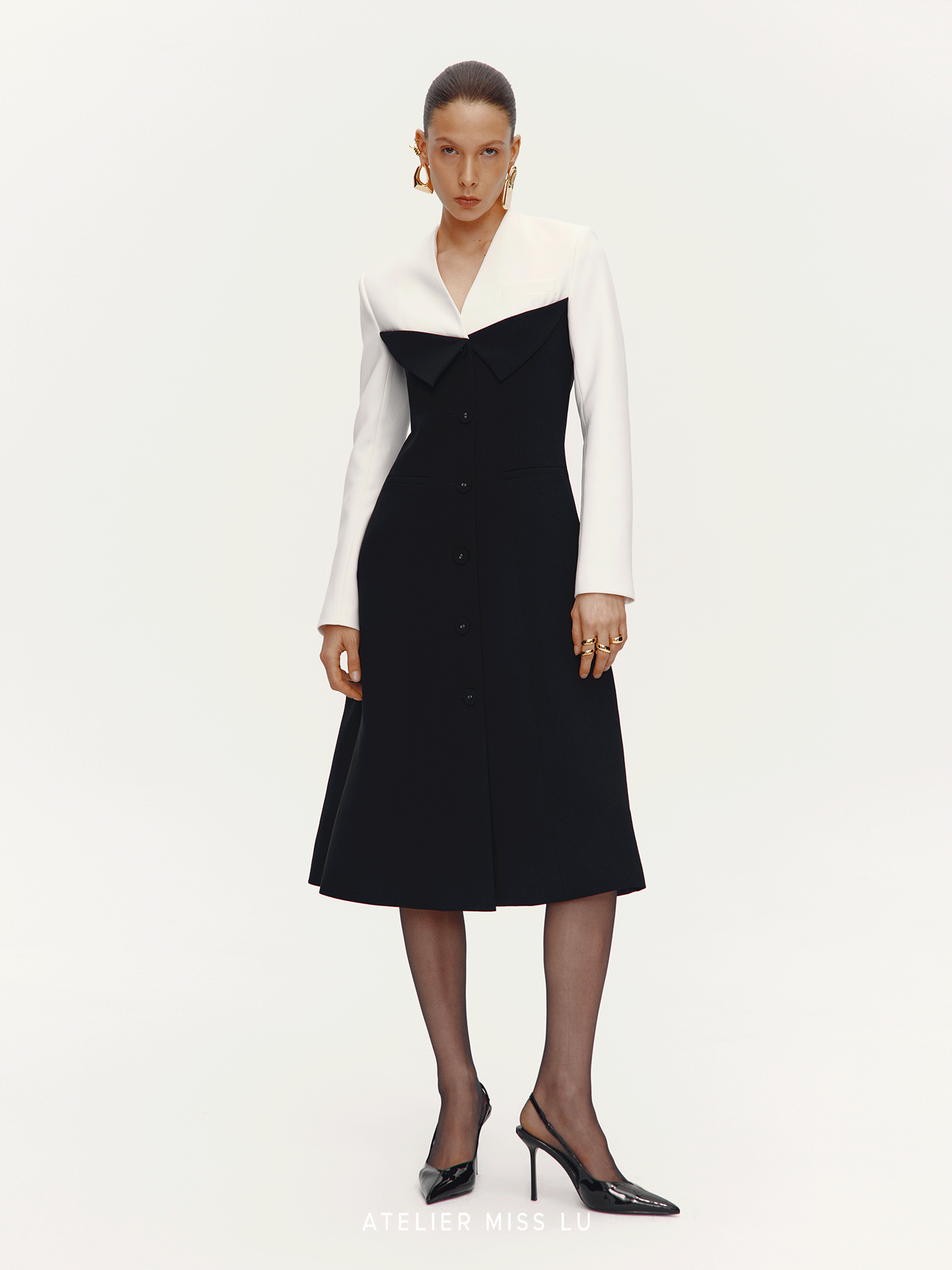 ATELIER MISS LU Contrast Color Patchwork Waist Dress Jacket - SHARP.