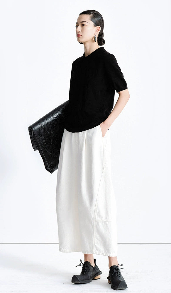 ZHUCHONGYUN black short-sleeved diagonal placket knitted top-MIHAWK.