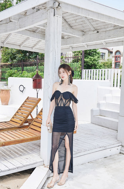 DOLLY Elegant Black Off Shoulder Short Sleeve Hollow Waist Mesh Long Dress-ALETTE