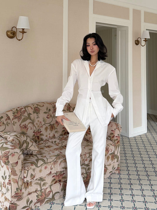 MEI SANGUAN White Slim Shirt & Bootcut Slacks Suit - AISHA