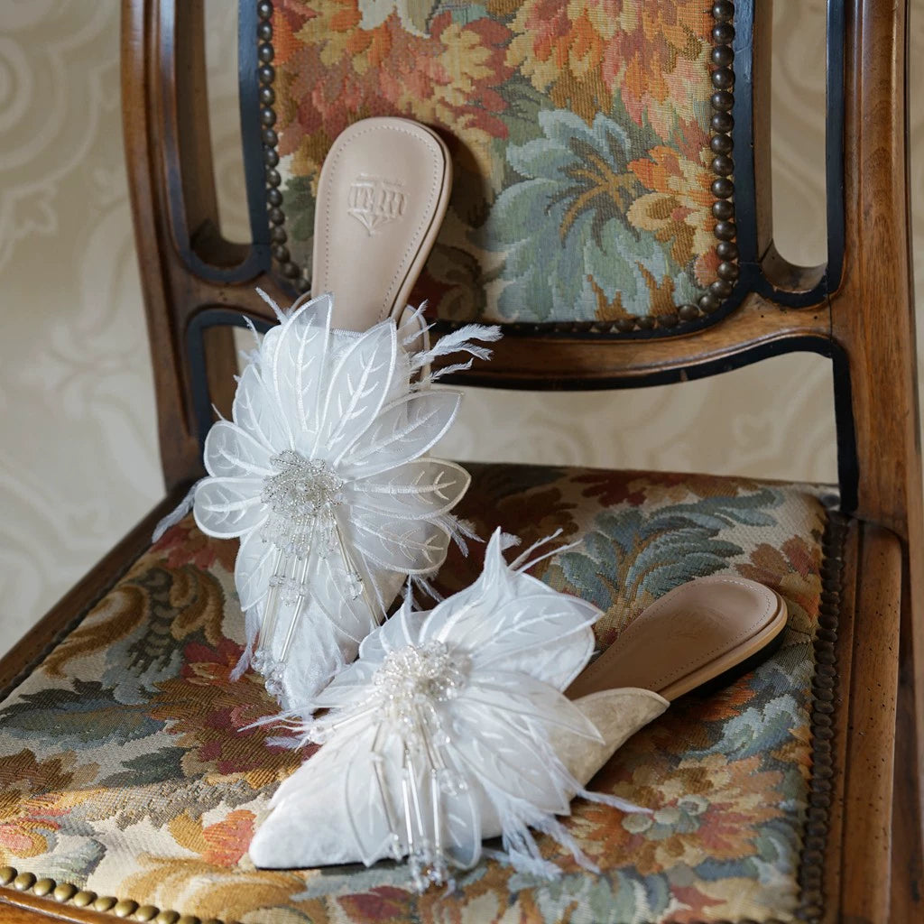 B-FEI white feather flower rhinestone flat mules-ARJO.