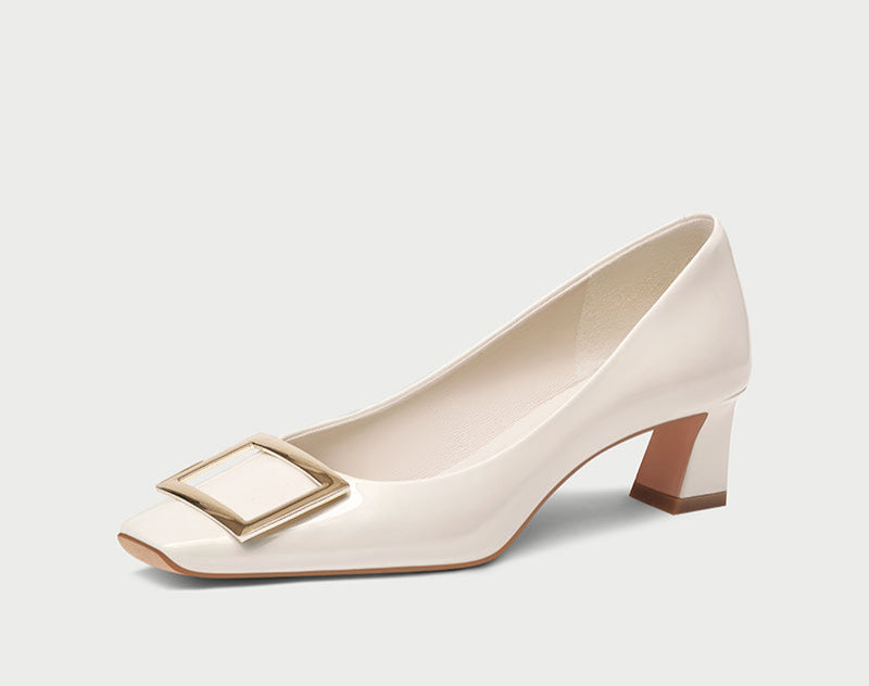 pjjuu French R white V block metal square buckle high heels  - BIRTH