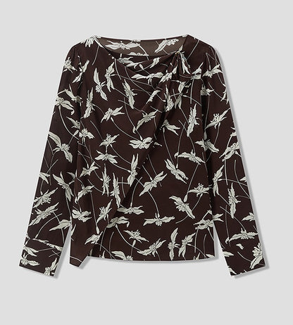 COMME MOI Lu Yan Designer New Women's Retro Printed One-Line Collar Silk Shirt - PRIDE.