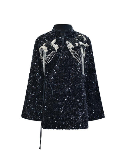 M essential Mackay designer three-dimensional silver orchid catenary beaded jacket - sill.