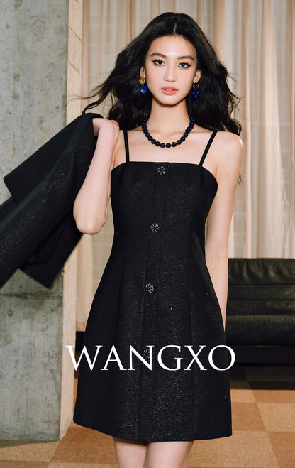 WANGXO | Silver Silk Truncated Shoulder Box Coat & Slip Dress Set -VERA.