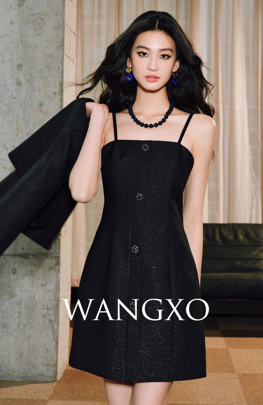 WANGXO | Luxury Silver Silk Galaxy Hot Diamond Shoulder Box Coat & Flowing Slip Dress Set -VÉRA