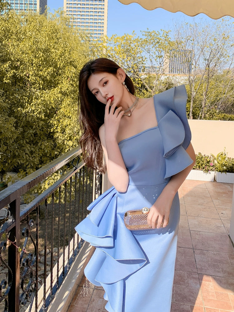 DOLLY Elegant Off Shoulder Ruffle Slim Fit Midi Wedding Guest Dress-JADE