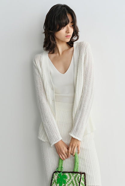COMME MOI  Women's White Cutout Raw Edge Knitted Cardigan - MAYA.
